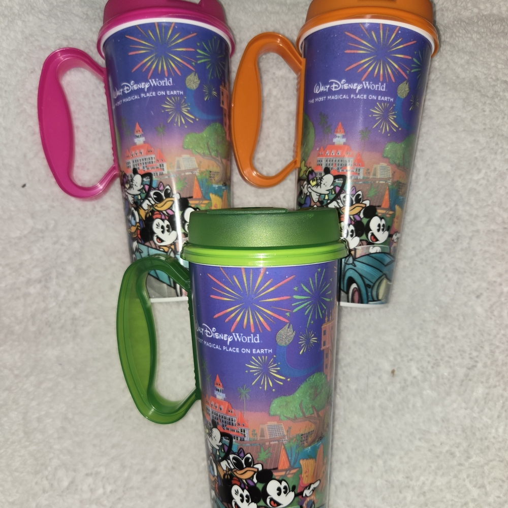 Set Of 3 Disney World Travel Mugs with Colorful Lids